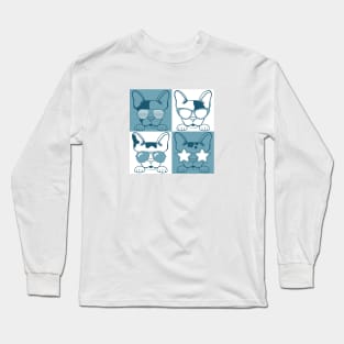 Frenchies with Glasses Blue Long Sleeve T-Shirt